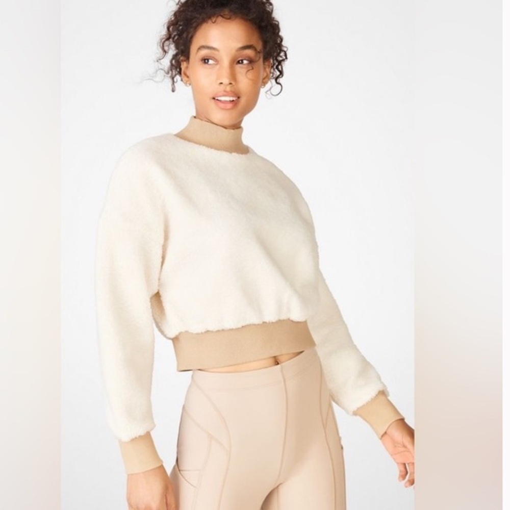 Fabletics Malia Polar Fleece Mock Neck Pullover Cream & Beige Size XL